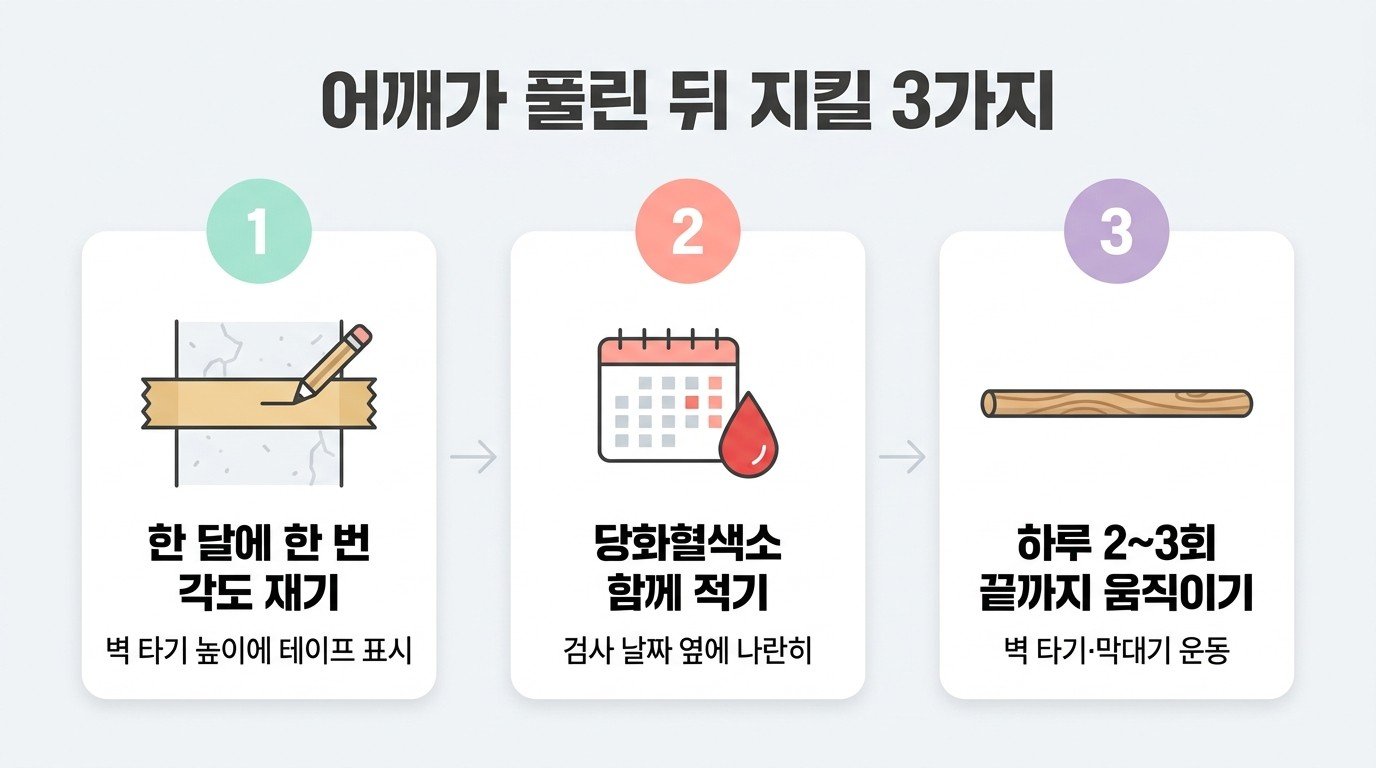 어깨가 풀린 뒤 지킬 3가지 — 각도 재기, 당화혈색소 적기, 끝까지 움직이기