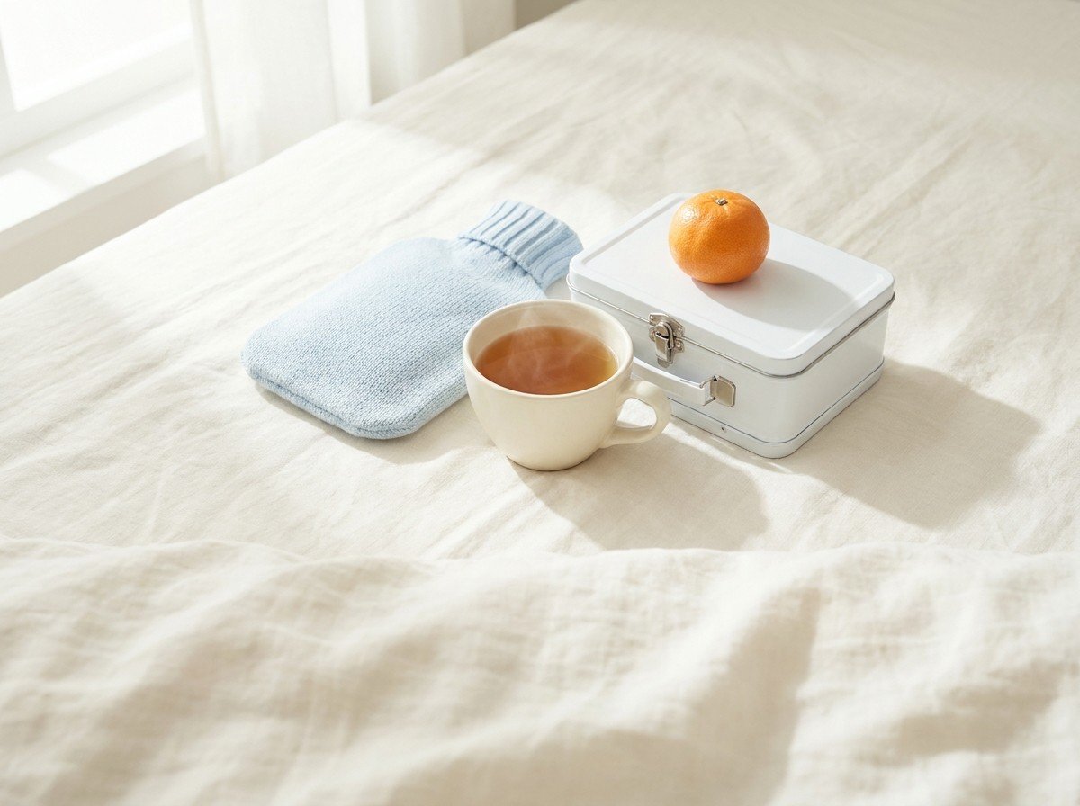 A small hot water bottle in a pale blue knitted cover, a cream cup of warm barley tea and a white child's lunchbox with a tangerine on top grouped on cream linen in soft window light