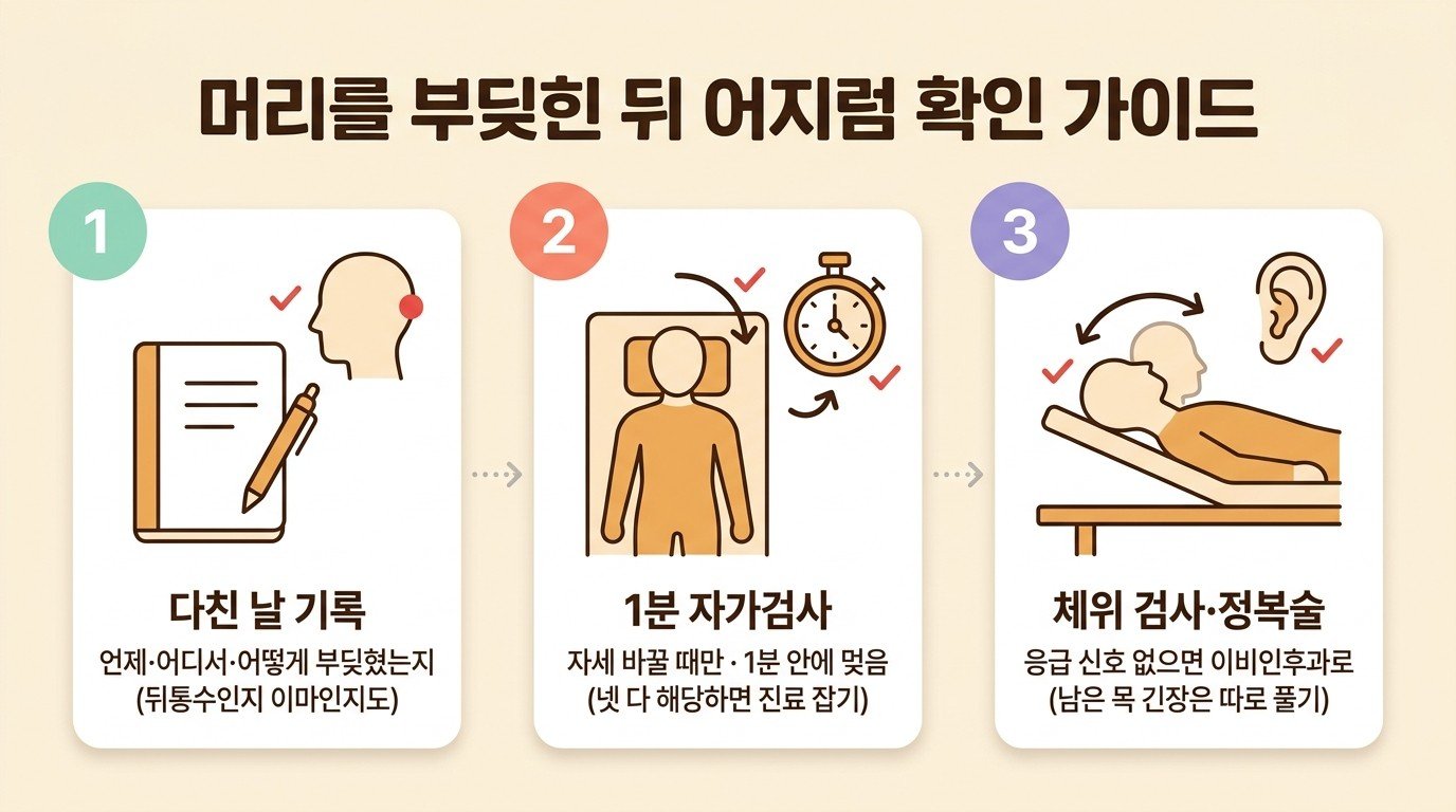 머리를 부딪힌 뒤 어지럼을 확인하는 법을 카드 세 장으로 정리한 그림: 다친 날 기록, 1분 자가검사, 이비인후과에서 체위 검사와 정복술 받기