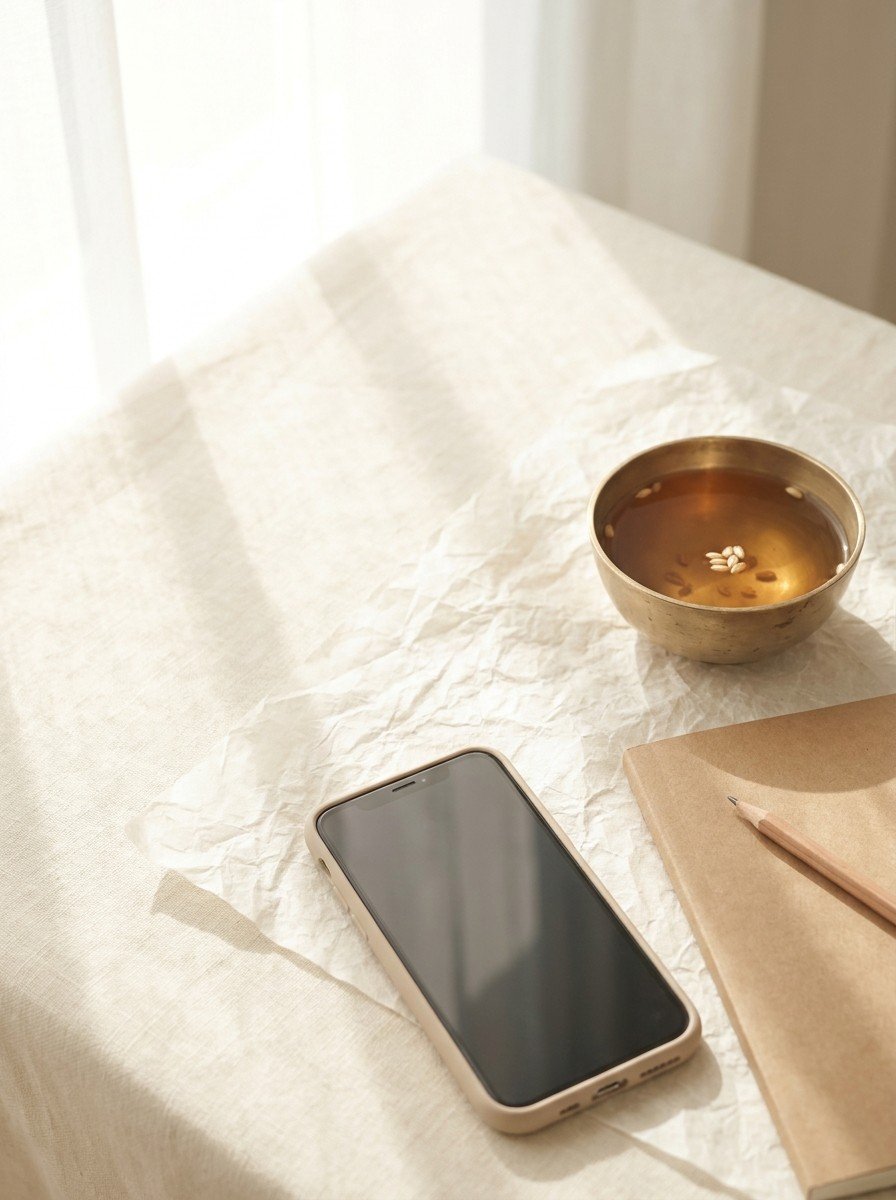 A smartphone lying on cream linen next to a plain kraft notebook with a pencil and a brass bowl of barley tea, upper left of the frame left empty