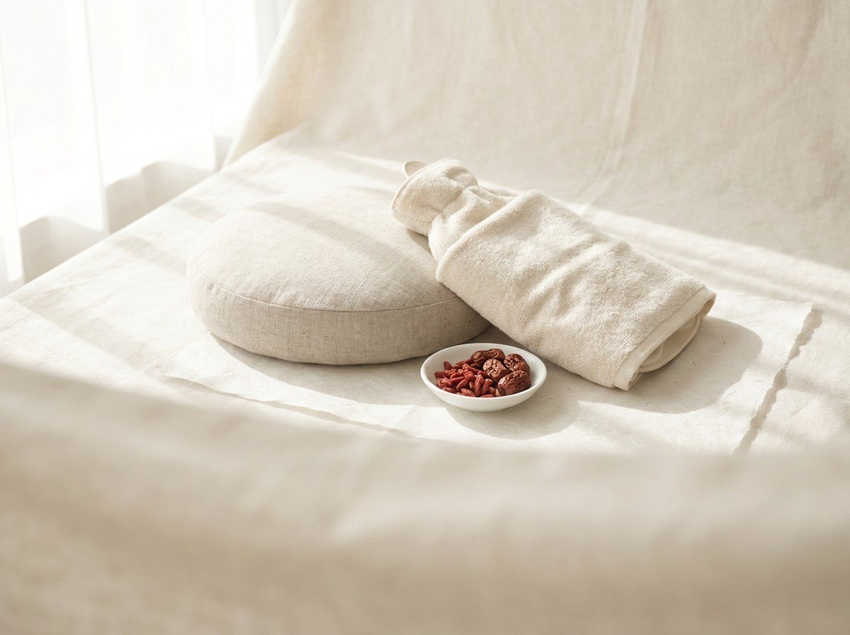 A round oatmeal linen seat cushion, a hot water bottle wrapped in a cream towel and a small white porcelain dish of dried goji berries and jujubes grouped on cream linen and hanji paper in soft window light