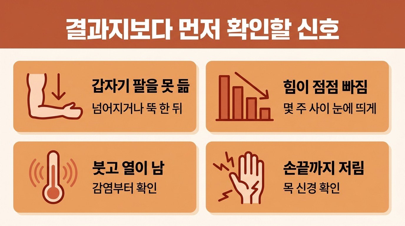 결과지보다 먼저 확인할 신호 — 갑자기 팔을 못 듦, 힘이 점점 빠짐, 붓고 열이 남, 손끝까지 저림