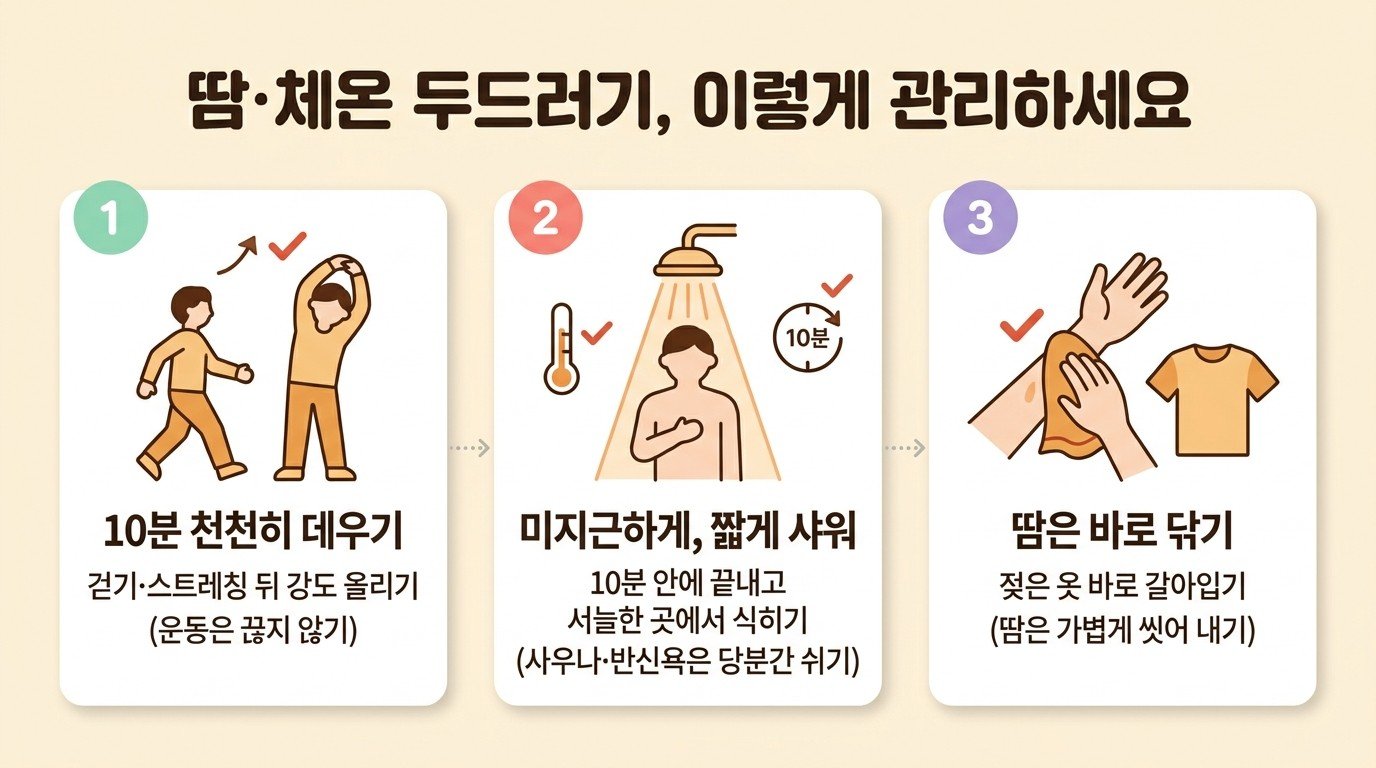 땀·체온 두드러기, 이렇게 관리하세요 — 10분 천천히 데우기, 미지근하게 짧게 샤워, 땀은 바로 닦기