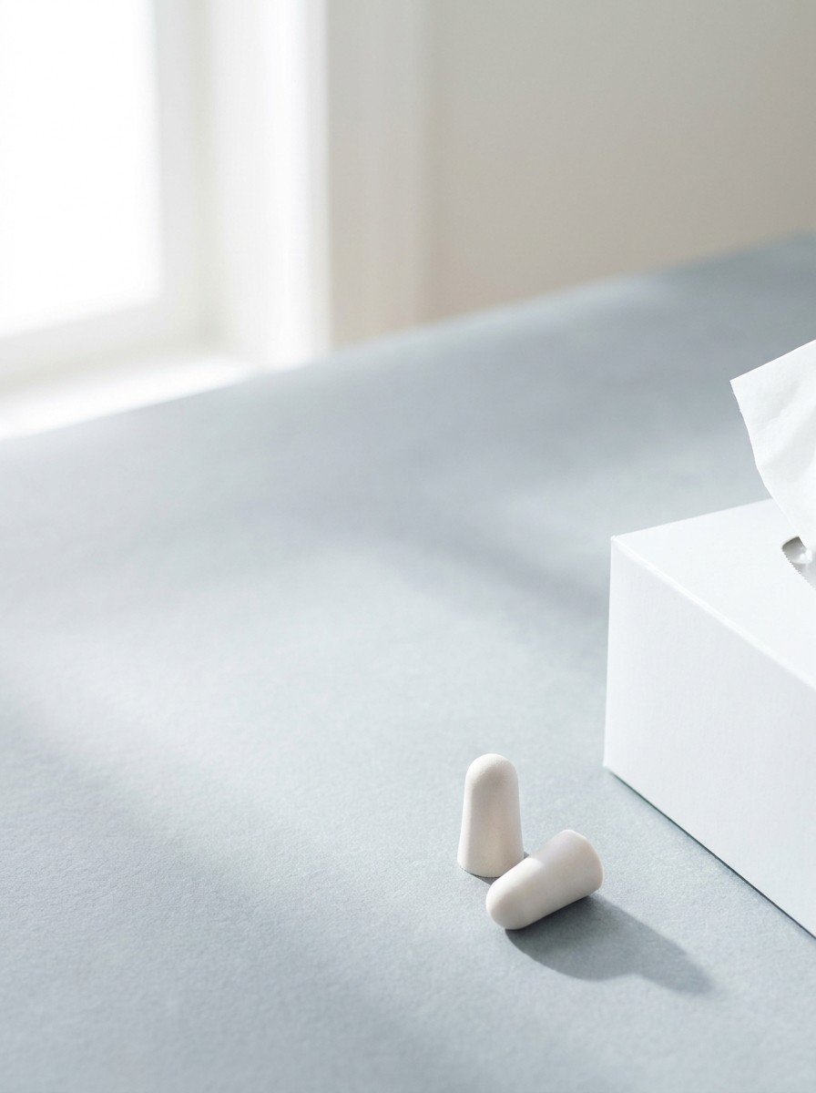 A pair of soft foam earplugs and the corner of a white tissue box in the lower right of light gray slate, upper left empty