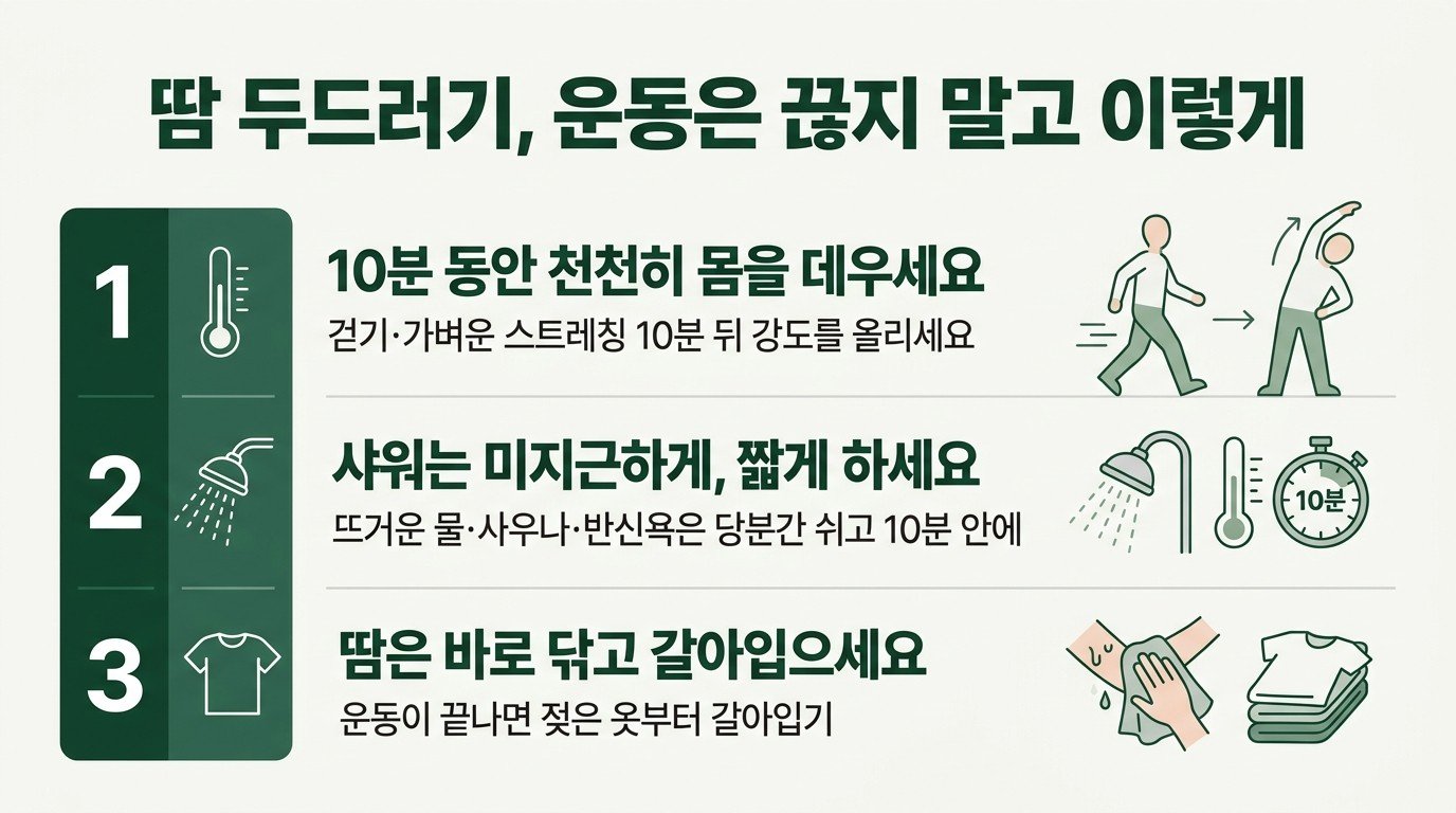 땀 두드러기, 운동은 끊지 말고 이렇게 — 10분 동안 천천히 몸을 데우세요, 샤워는 미지근하게 짧게, 땀은 바로 닦고 갈아입으세요