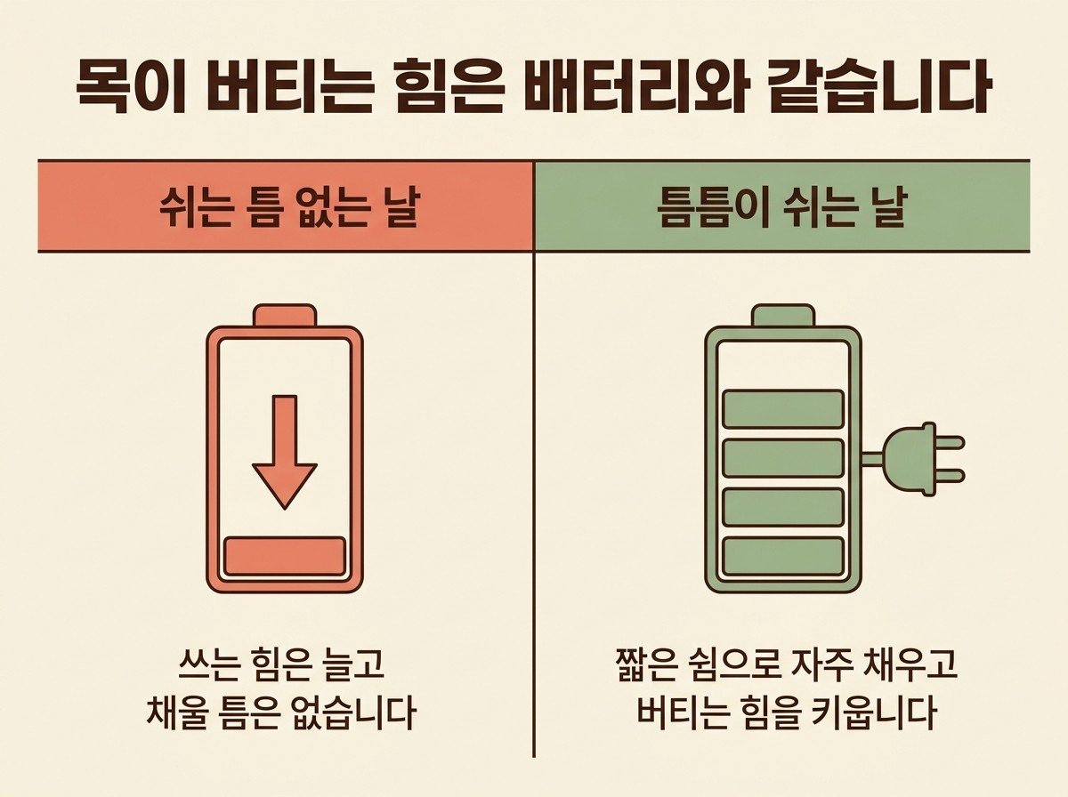 목이 버티는 힘은 배터리와 같다 — 쉬는 틈 없는 날은 쓰는 힘이 늘고 채울 틈이 없고, 틈틈이 쉬는 날은 짧은 쉼으로 자주 채우고 버티는 힘을 키운다
