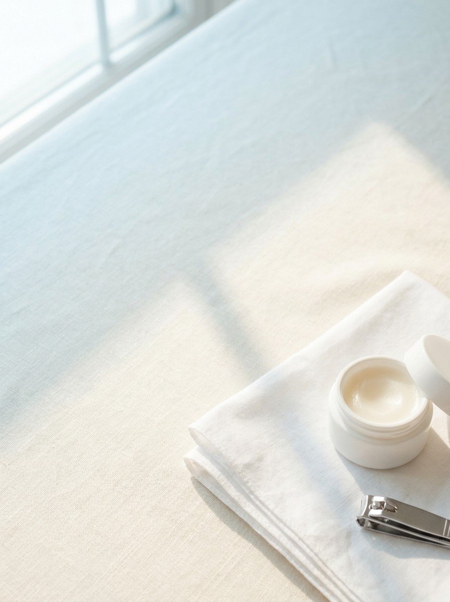A folded white cotton handkerchief, a small unlabeled white jar of balm and a child's nail clipper on the lower right of cream linen, upper left of the frame left empty