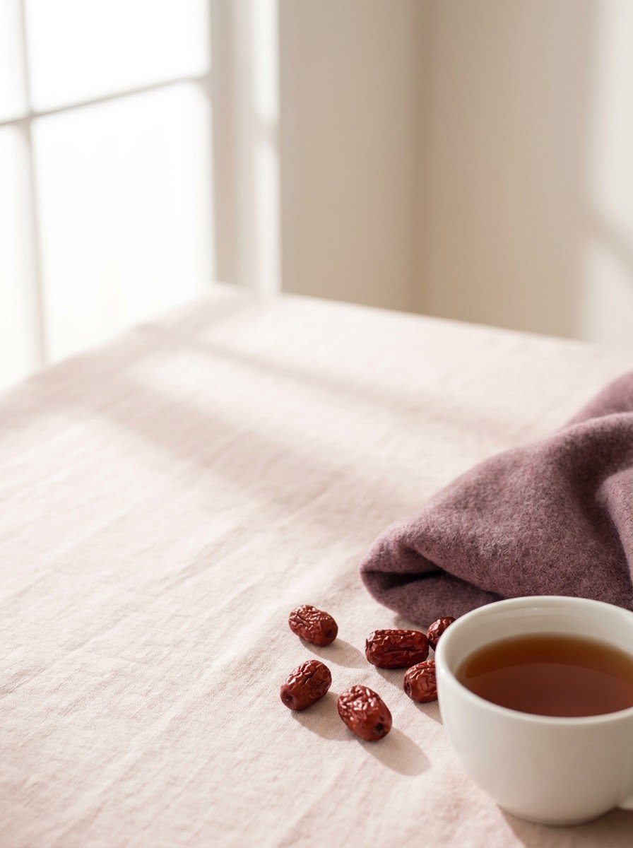 A white cup of jujube tea, a few dried jujubes and a folded plum wool blanket in the lower right of blush linen, upper left empty