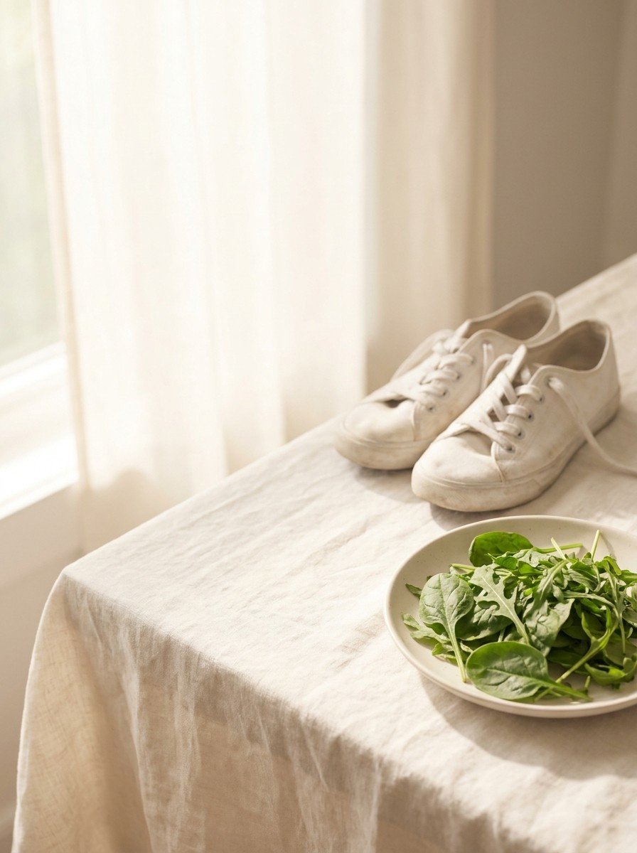 A pair of white walking sneakers and a plate of leafy greens at the lower-right of a cream linen table, the upper-left left empty in soft window light.