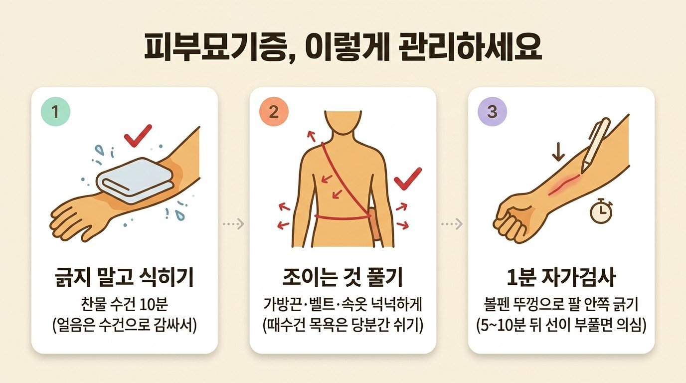 피부묘기증, 이렇게 관리하세요 — 긁지 말고 식히기, 조이는 것 풀기, 1분 자가검사