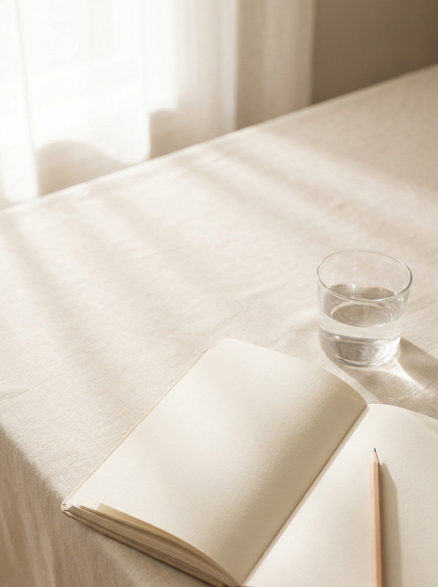 An open blank notebook with a pencil and a small glass of water at the lower-right of a cream linen table, the upper-left left empty in soft window light.