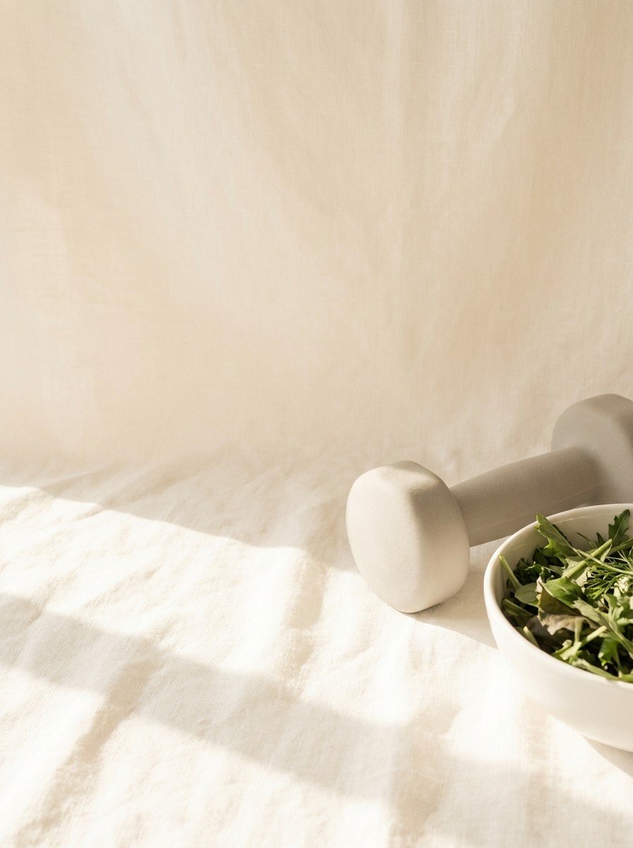 A small light-gray dumbbell and a ceramic bowl of leafy greens at the lower-right of a cream linen table, the upper-left left empty in soft window light.
