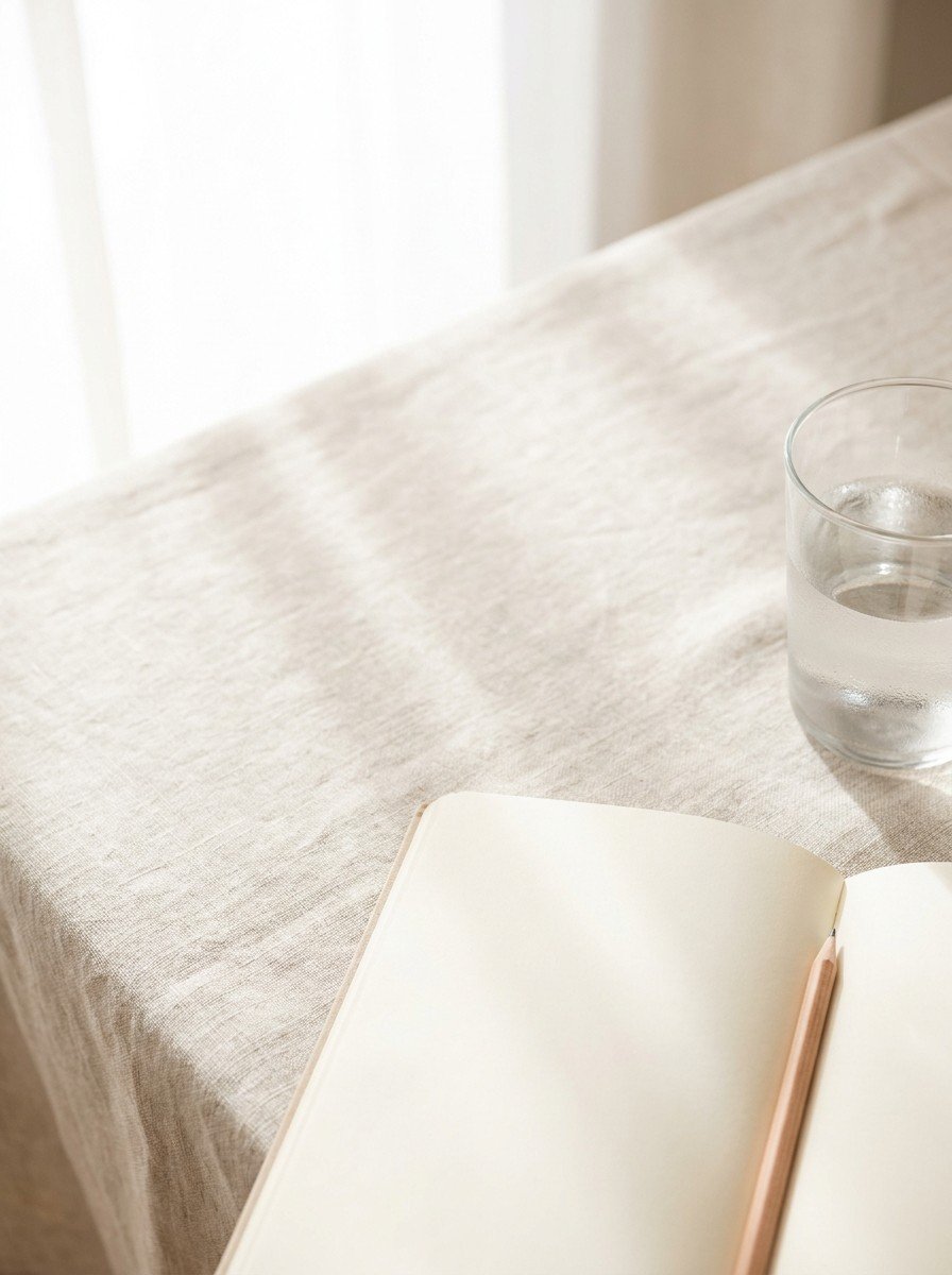 An open blank notebook with a pencil and a glass of lukewarm water in the lower right of oatmeal linen, upper left empty