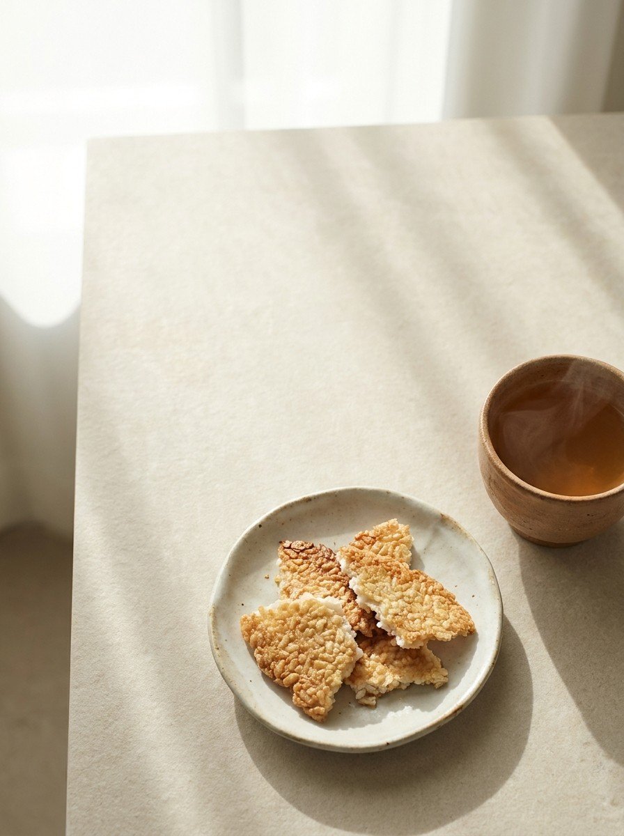 A small ceramic plate of golden scorched rice crust and a clay cup of warm barley tea in the lower right of pale stone, upper left empty