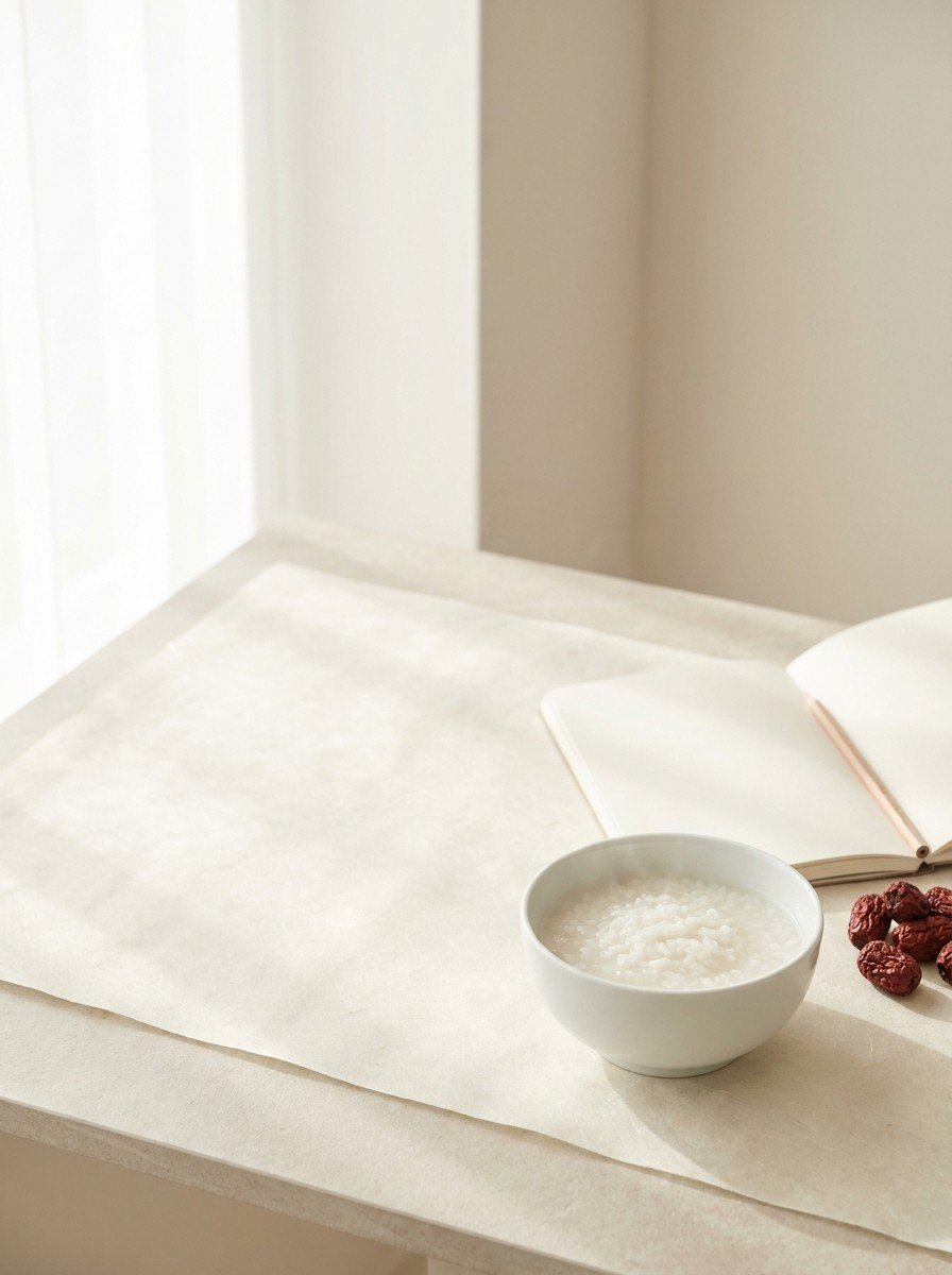A white porcelain bowl of rice porridge, a blank open notebook with a pencil and a few dried jujubes on the lower right of cream hanji paper, upper left of the frame left empty