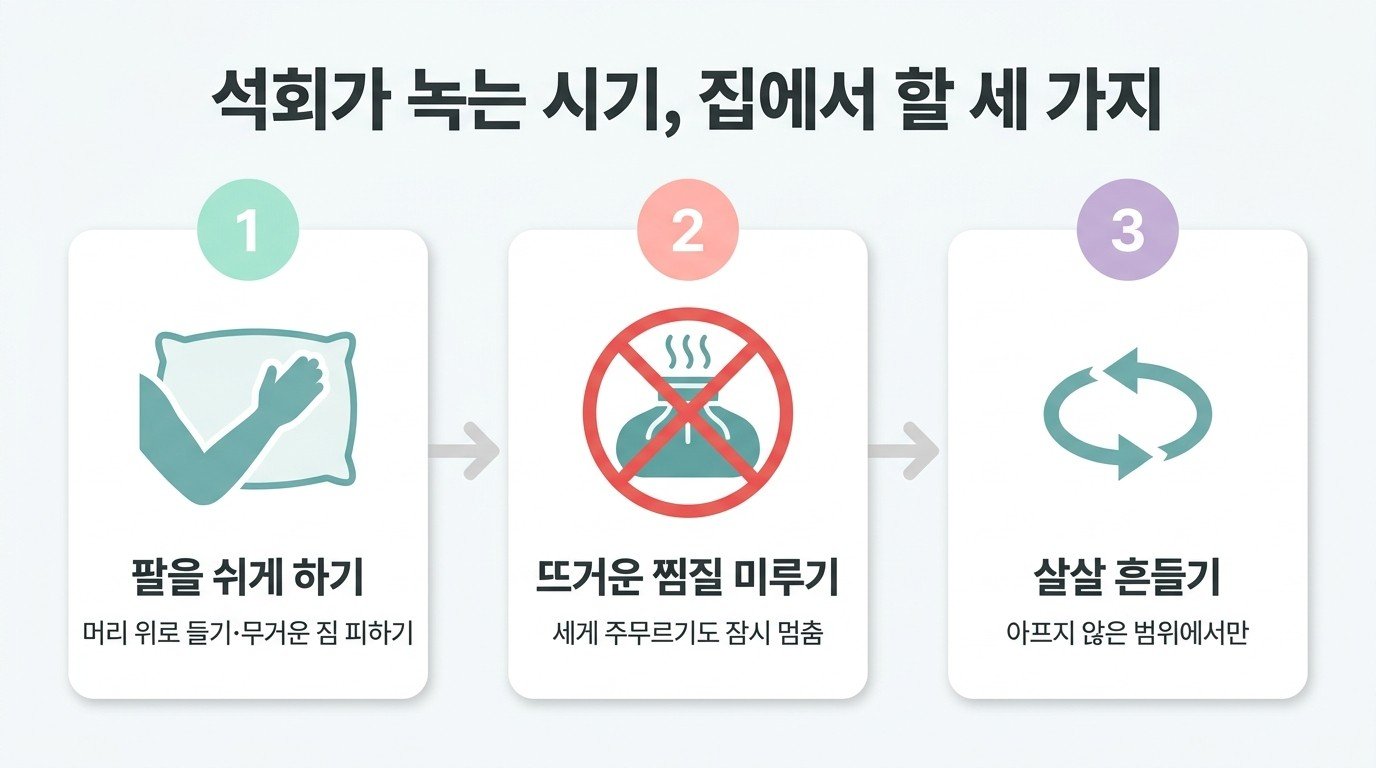 석회가 녹는 시기 집에서 할 세 가지 — 팔 쉬게 하기, 뜨거운 찜질·세게 주무르기 미루기, 아프지 않은 범위에서 살살 흔들기