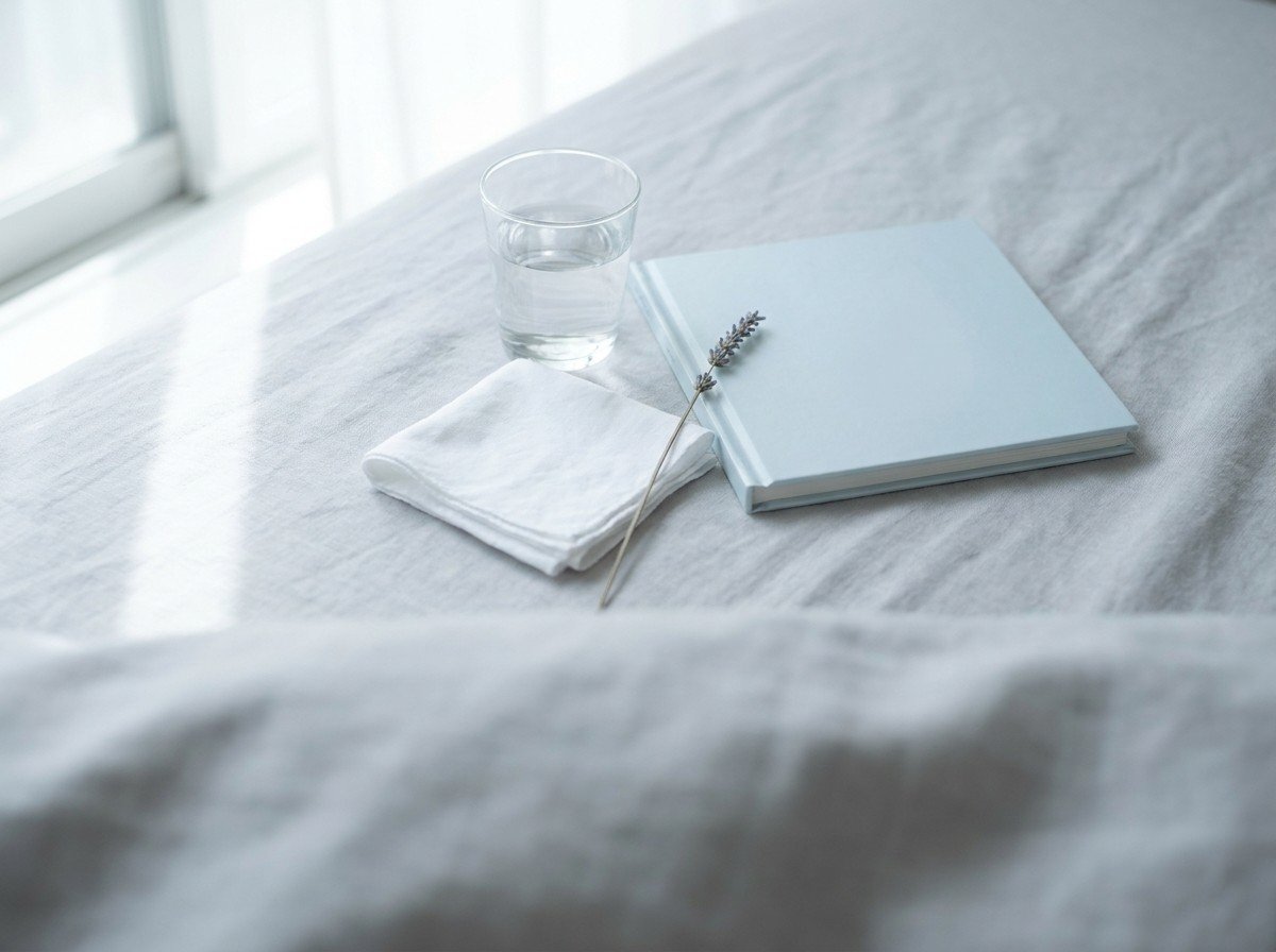 A glass of warm water, a folded white child's handkerchief, a closed pale-blue picture book and a lavender stem clustered in the middle of pale gray linen by a window