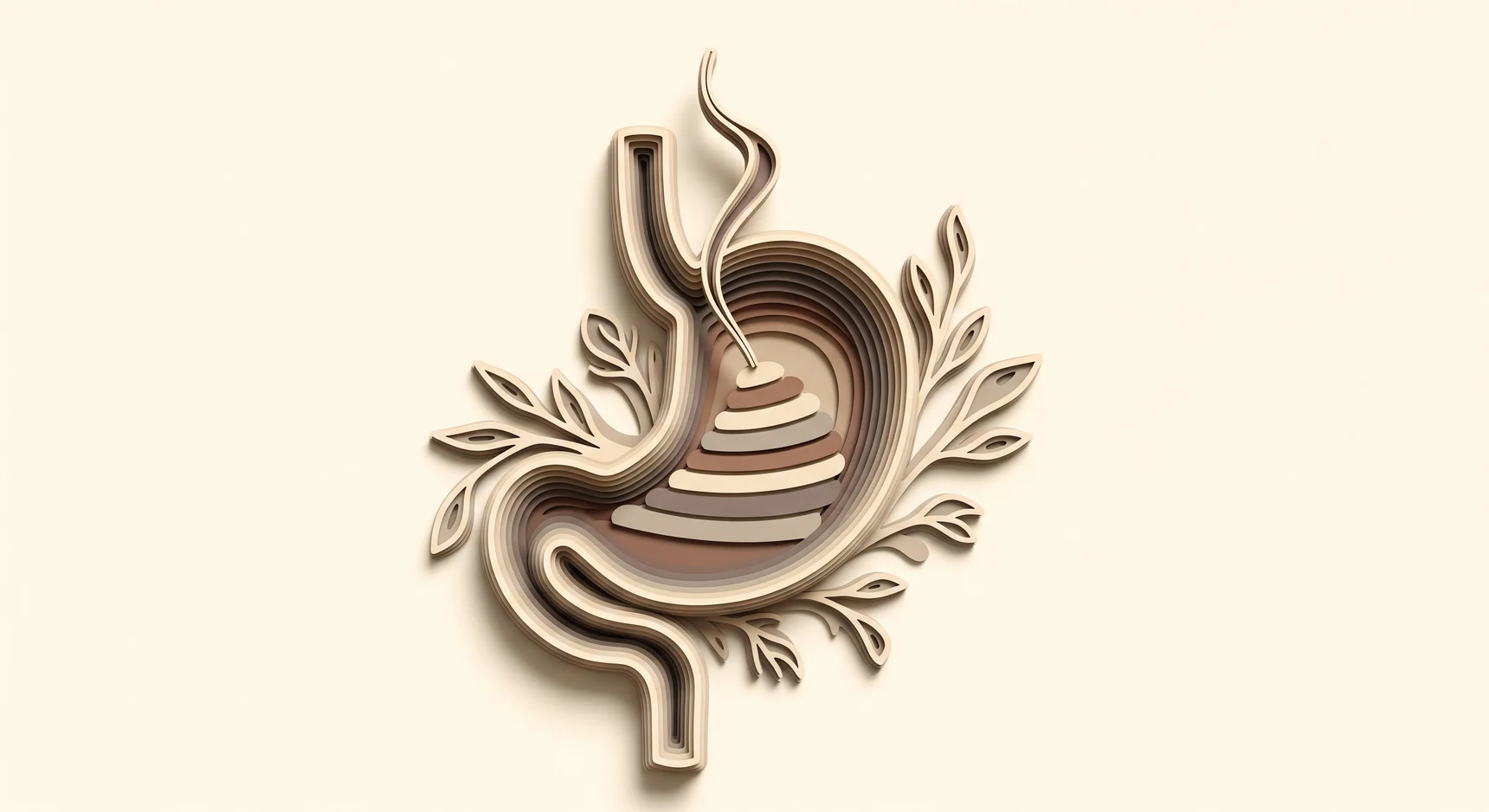 역류성식도염 한방 치료 — 위에 쌓인 잉여와 위로 거슬러 오르는 역류 흐름을 종이공예로 표현한 이미지